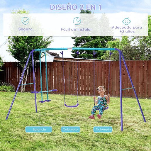 Outsunny Conjunto de Baloiços de Jardim de Metal com Altura Ajustável Baloiços para Crianças acima de 3 Anos com Baloiço Duplo Baloiço para Pátio Exterior 280x140x178 cm Azul e Roxo