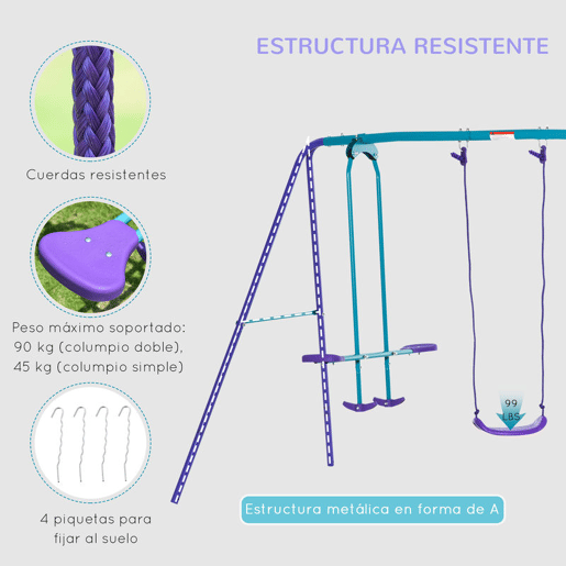 Outsunny Conjunto de Baloiços de Jardim de Metal com Altura Ajustável Baloiços para Crianças acima de 3 Anos com Baloiço Duplo Baloiço para Pátio Exterior 280x140x178 cm Azul e Roxo