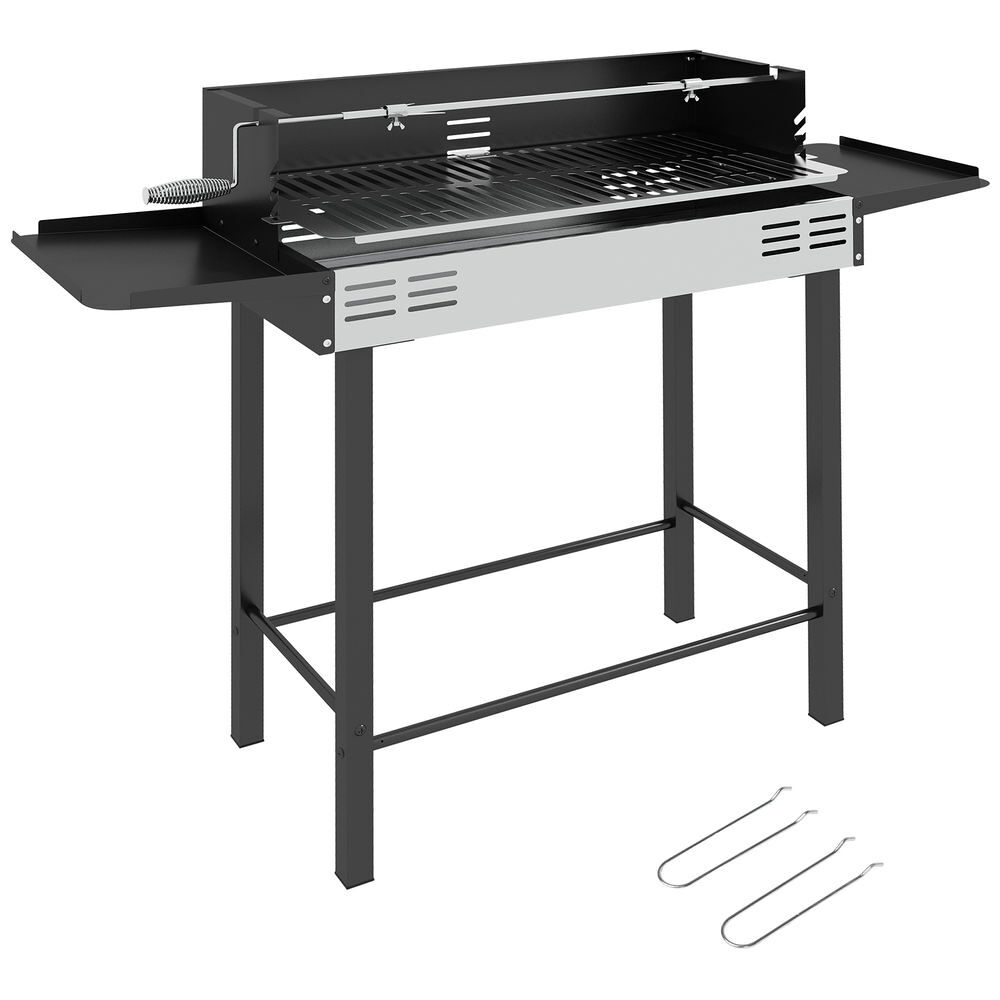 Outsunny barbacoa de carbón barbacoa portátil 118x32x90 cm con pincho giratorio ajustable en altura de 3 niveles parrilla plegables y paravientos para pícnic camping negro