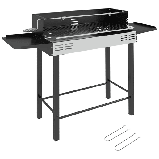Outsunny Barbecue a Carvão Barbecue Portátil 118x32x90 cm com Espeto Giratório Ajustável em Altura com 3 Níveis Grelhas Dobráveis e Para-Vento para Piqueniques e Campismo Preto
