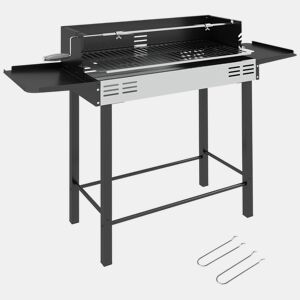 Outsunny Barbecue a Carvão Barbecue Portátil 118x32x90 cm com Espeto Giratório Ajustável em Altura com 3 Níveis Grelhas Dobráveis e Para-Vento para Piqueniques e Campismo Preto