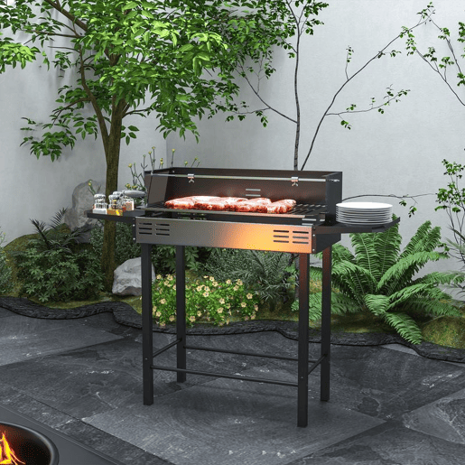 Outsunny Barbecue a Carvão Barbecue Portátil 118x32x90 cm com Espeto Giratório Ajustável em Altura com 3 Níveis Grelhas Dobráveis e Para-Vento para Piqueniques e Campismo Preto