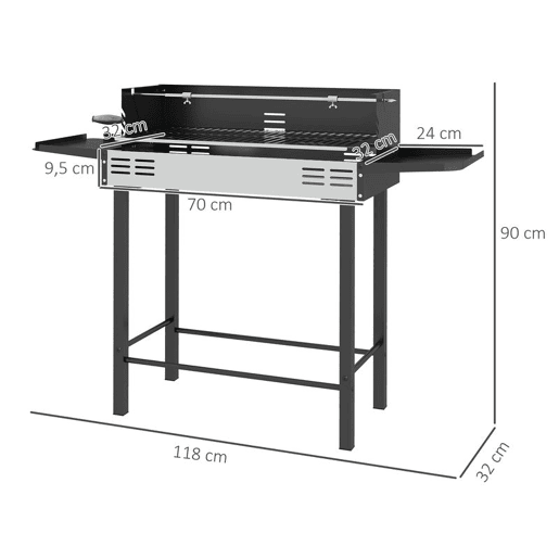 Outsunny Barbecue a Carvão Barbecue Portátil 118x32x90 cm com Espeto Giratório Ajustável em Altura com 3 Níveis Grelhas Dobráveis e Para-Vento para Piqueniques e Campismo Preto