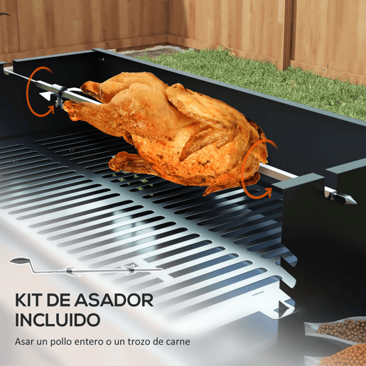 Outsunny Barbecue a Carvão Barbecue Portátil 118x32x90 cm com Espeto Giratório Ajustável em Altura com 3 Níveis Grelhas Dobráveis e Para-Vento para Piqueniques e Campismo Preto