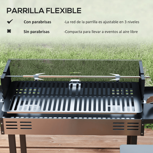 Outsunny Barbecue a Carvão Barbecue Portátil 118x32x90 cm com Espeto Giratório Ajustável em Altura com 3 Níveis Grelhas Dobráveis e Para-Vento para Piqueniques e Campismo Preto