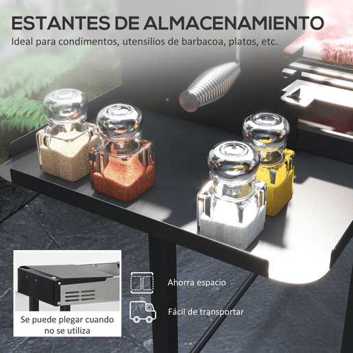 Outsunny Barbecue a Carvão Barbecue Portátil 118x32x90 cm com Espeto Giratório Ajustável em Altura com 3 Níveis Grelhas Dobráveis e Para-Vento para Piqueniques e Campismo Preto