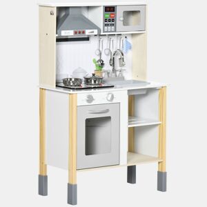 AIYAPLAY Cozinha Infantil de Madeira Cozinha para Crianças acima de 3 Anos com Altura Ajustável Luz Sons Lavatório Fogão Forno 60x30,5x93,2cm Branco e Cinza