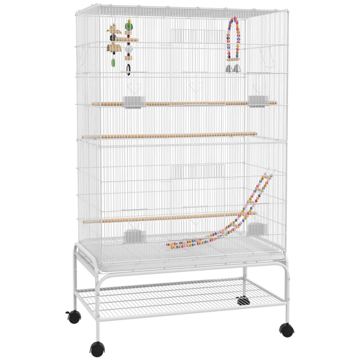 PawHut Gaiola para Pássaros com Rodas 79x49x133 cm Gaiola Metálica Grande com Suporte 4 Comedouros 3 Poleiros Brinquedos Bandeja Amovível e Prateleira para Canários Periquitos Branco PawHut Gaiola para Pássaros com Rodas 79x49x133 cm Gaiola Metálica Grande com Suporte 4 Comedouros 3 Poleiros Brinquedos Bandeja Amovível e Prateleira para Canários Periquitos Branco