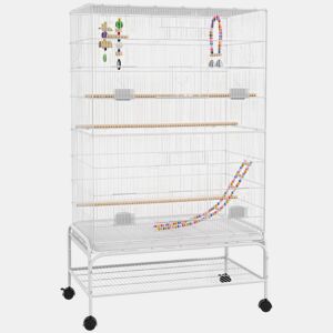 PawHut Gaiola para Pássaros com Rodas 79x49x133 cm Gaiola Metálica Grande com Suporte 4 Comedouros 3 Poleiros Brinquedos Bandeja Amovível e Prateleira para Canários Periquitos Branco