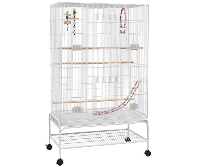 Pawhut jaula para pájaros con ruedas jaula grande con soporte pajarera con bandeja extraíble puertas comederos perchas juguetes y estante inferior para canarios periquitos 79x49x133 cm blanco