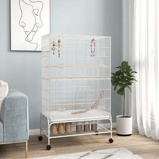 PawHut Gaiola para Pássaros com Rodas 79x49x133 cm Gaiola Metálica Grande com Suporte 4 Comedouros 3 Poleiros Brinquedos Bandeja Amovível e Prateleira para Canários Periquitos Branco PawHut Gaiola para Pássaros com Rodas 79x49x133 cm Gaiola Metálica Grande com Suporte 4 Comedouros 3 Poleiros Brinquedos Bandeja Amovível e Prateleira para Canários Periquitos Branco