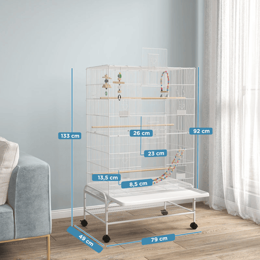 PawHut Gaiola para Pássaros com Rodas 79x49x133 cm Gaiola Metálica Grande com Suporte 4 Comedouros 3 Poleiros Brinquedos Bandeja Amovível e Prateleira para Canários Periquitos Branco PawHut Gaiola para Pássaros com Rodas 79x49x133 cm Gaiola Metálica Grande com Suporte 4 Comedouros 3 Poleiros Brinquedos Bandeja Amovível e Prateleira para Canários Periquitos Branco