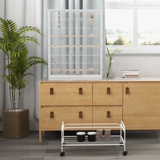 PawHut Gaiola para Pássaros com Rodas 79x49x133 cm Gaiola Metálica Grande com Suporte 4 Comedouros 3 Poleiros Brinquedos Bandeja Amovível e Prateleira para Canários Periquitos Branco PawHut Gaiola para Pássaros com Rodas 79x49x133 cm Gaiola Metálica Grande com Suporte 4 Comedouros 3 Poleiros Brinquedos Bandeja Amovível e Prateleira para Canários Periquitos Branco