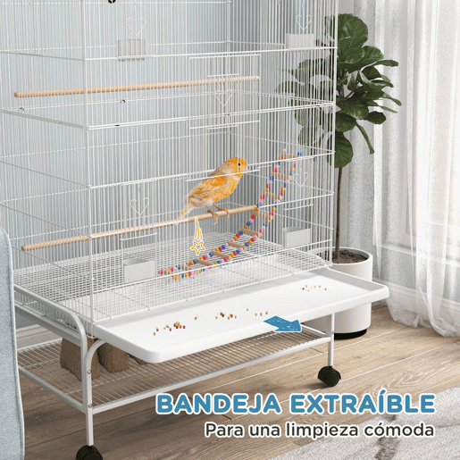 PawHut Gaiola para Pássaros com Rodas 79x49x133 cm Gaiola Metálica Grande com Suporte 4 Comedouros 3 Poleiros Brinquedos Bandeja Amovível e Prateleira para Canários Periquitos Branco PawHut Gaiola para Pássaros com Rodas 79x49x133 cm Gaiola Metálica Grande com Suporte 4 Comedouros 3 Poleiros Brinquedos Bandeja Amovível e Prateleira para Canários Periquitos Branco