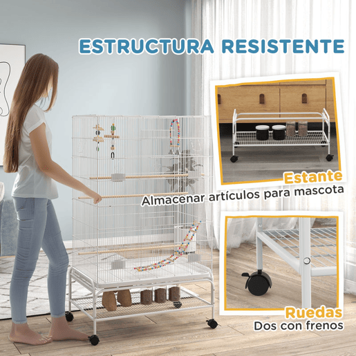 PawHut Gaiola para Pássaros com Rodas 79x49x133 cm Gaiola Metálica Grande com Suporte 4 Comedouros 3 Poleiros Brinquedos Bandeja Amovível e Prateleira para Canários Periquitos Branco PawHut Gaiola para Pássaros com Rodas 79x49x133 cm Gaiola Metálica Grande com Suporte 4 Comedouros 3 Poleiros Brinquedos Bandeja Amovível e Prateleira para Canários Periquitos Branco