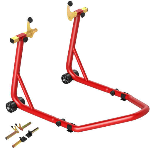 HOMCOM Cavalete Elevador Universal Suporte Roda Traseira Mota de Aço Resistente Carga 544 kg com Forquilhas em U e L Ajustáveis Rodas e Almofadas Antiderrapantes para Reparação e Estacionamento 58,5x34,5x69 cm Vermelho