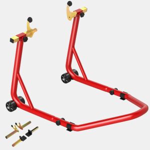 HOMCOM Cavalete Elevador Universal Suporte Roda Traseira Mota de Aço Resistente Carga 544 kg com Forquilhas em U e L Ajustáveis Rodas e Almofadas Antiderrapantes para Reparação e Estacionamento 58,5x34,5x69 cm Vermelho