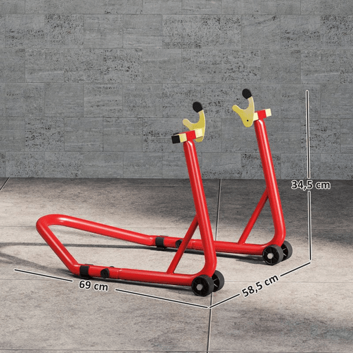 HOMCOM Cavalete Elevador Universal Suporte Roda Traseira Mota de Aço Resistente Carga 544 kg com Forquilhas em U e L Ajustáveis Rodas e Almofadas Antiderrapantes para Reparação e Estacionamento 58,5x34,5x69 cm Vermelho