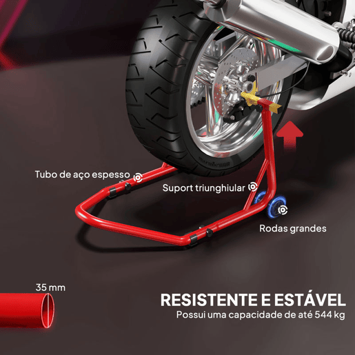 HOMCOM Cavalete Elevador Universal Suporte Roda Traseira Mota de Aço Resistente Carga 544 kg com Forquilhas em U e L Ajustáveis Rodas e Almofadas Antiderrapantes para Reparação e Estacionamento 58,5x34,5x69 cm Vermelho