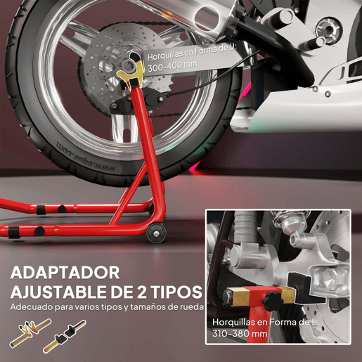 HOMCOM Cavalete Elevador Universal Suporte Roda Traseira Mota de Aço Resistente Carga 544 kg com Forquilhas em U e L Ajustáveis Rodas e Almofadas Antiderrapantes para Reparação e Estacionamento 58,5x34,5x69 cm Vermelho