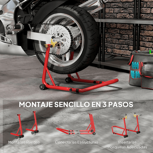 HOMCOM Cavalete Elevador Universal Suporte Roda Traseira Mota de Aço Resistente Carga 544 kg com Forquilhas em U e L Ajustáveis Rodas e Almofadas Antiderrapantes para Reparação e Estacionamento 58,5x34,5x69 cm Vermelho