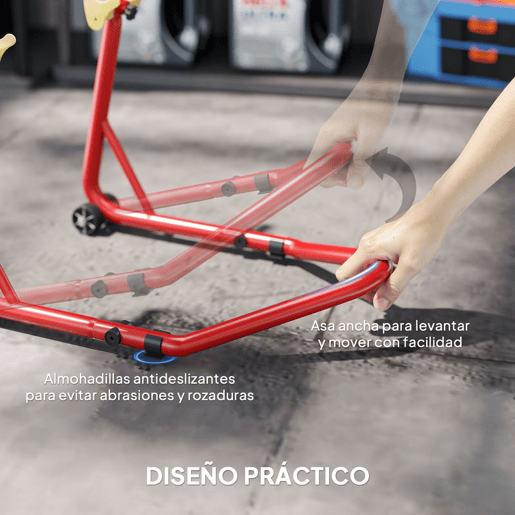HOMCOM Cavalete Elevador Universal Suporte Roda Traseira Mota de Aço Resistente Carga 544 kg com Forquilhas em U e L Ajustáveis Rodas e Almofadas Antiderrapantes para Reparação e Estacionamento 58,5x34,5x69 cm Vermelho