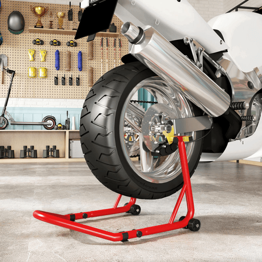 HOMCOM Cavalete Elevador Universal Suporte Roda Traseira Mota de Aço Resistente Carga 544 kg com Forquilhas em U e L Ajustáveis Rodas e Almofadas Antiderrapantes para Reparação e Estacionamento 58,5x34,5x69 cm Vermelho
