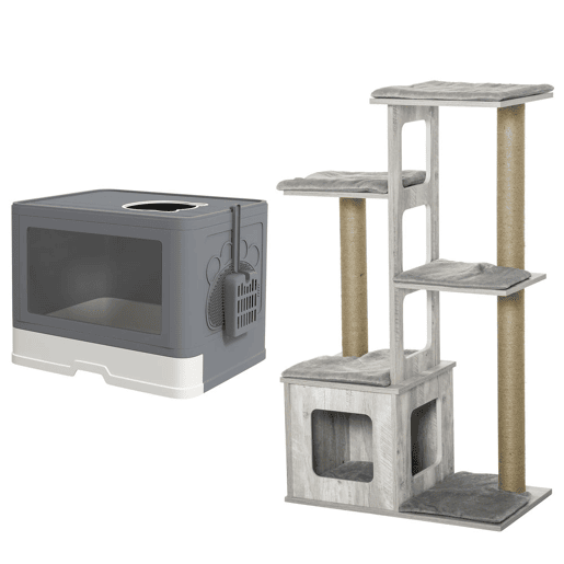 PawHut Conjunto para Gatos Inclui 1 Arranhador para Gatos 114 cm com Múltiplas Plataformas e 1 Caixa de Areia Coberta com Pá e Escova Cinza