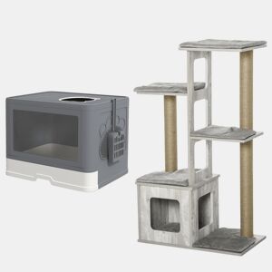 PawHut Conjunto para Gatos Inclui 1 Arranhador para Gatos 114 cm com Múltiplas Plataformas e 1 Caixa de Areia Coberta com Pá e Escova Cinza