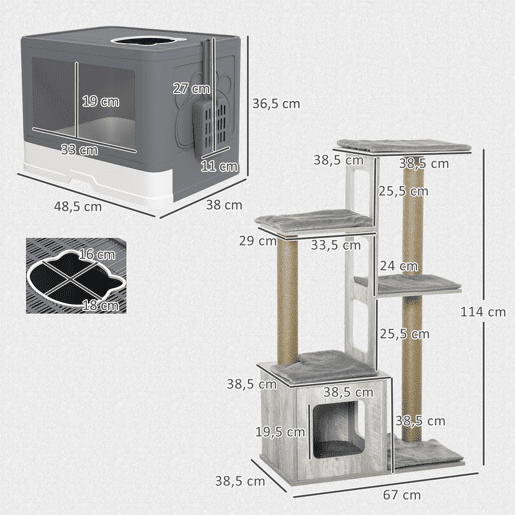 PawHut Conjunto para Gatos Inclui 1 Arranhador para Gatos 114 cm com Múltiplas Plataformas e 1 Caixa de Areia Coberta com Pá e Escova Cinza