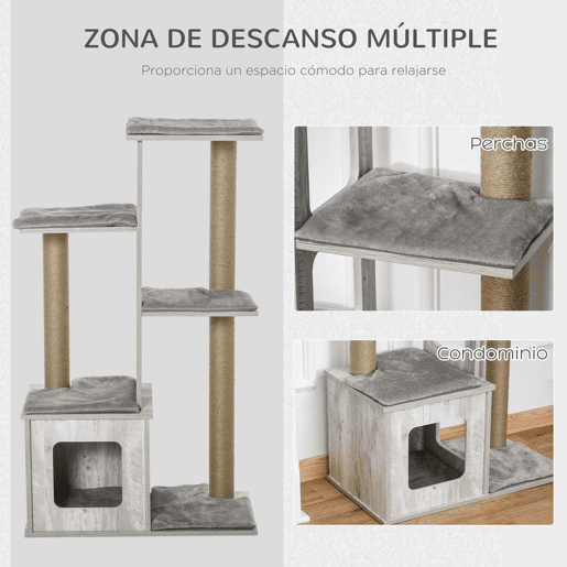PawHut Conjunto para Gatos Inclui 1 Arranhador para Gatos 114 cm com Múltiplas Plataformas e 1 Caixa de Areia Coberta com Pá e Escova Cinza