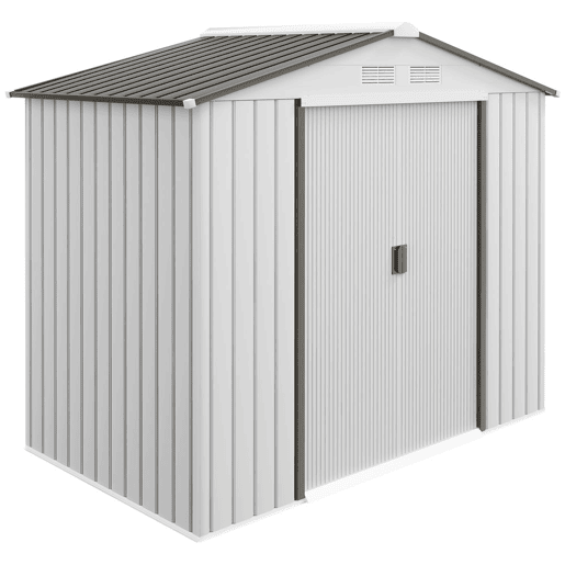 Outsunny Abrigo de Jardim 213x130x185cm Abrigo de Jardim Metálico de Exterior para Armazenamento de Ferramentas com 2 Portas Deslizantes e 4 Janelas para Terraço Branco e Cinza