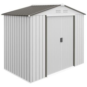 Outsunny Abrigo de Jardim 213x130x185cm Abrigo de Jardim Metálico de Exterior para Armazenamento de Ferramentas com 2 Portas Deslizantes e 4 Janelas para Terraço Branco e Cinza