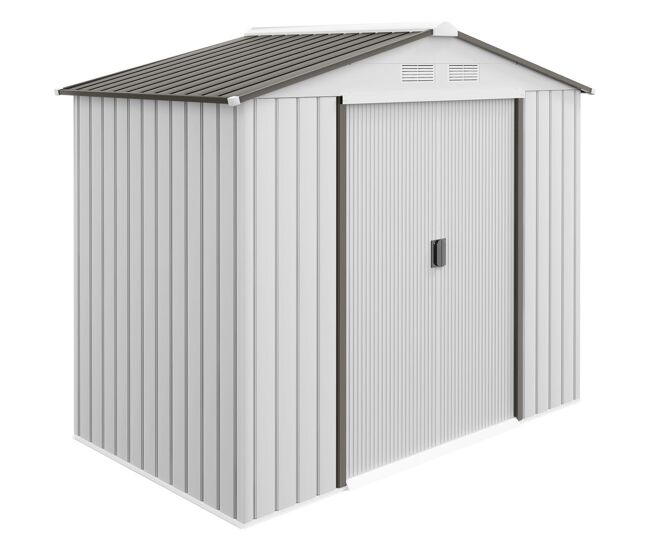 Outsunny caseta de jardín exterior, 2,5 m² 213x130x185 cm, cobertizo de jardín exterior metálico con 2 puertas correderas, base refuerzo (suelo no incluido) y 4 ventanas, blanco