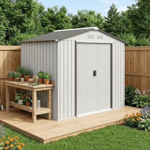 Outsunny Abrigo de Jardim 213x130x185cm Abrigo de Jardim Metálico de Exterior para Armazenamento de Ferramentas com 2 Portas Deslizantes e 4 Janelas para Terraço Branco e Cinza