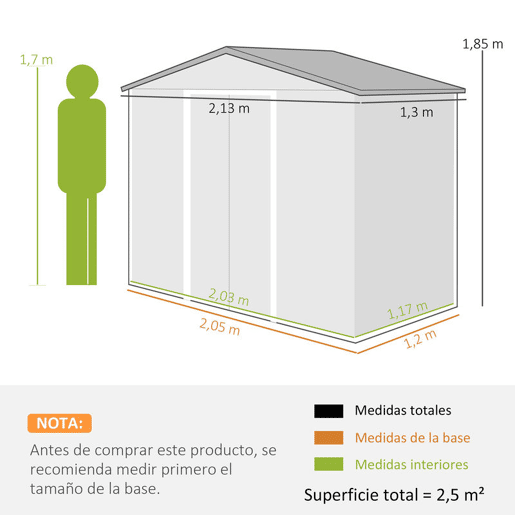 Outsunny Abrigo de Jardim 213x130x185cm Abrigo de Jardim Metálico de Exterior para Armazenamento de Ferramentas com 2 Portas Deslizantes e 4 Janelas para Terraço Branco e Cinza