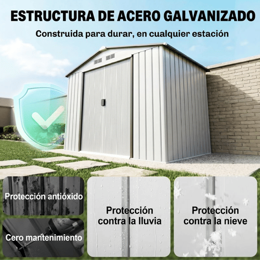 Outsunny Abrigo de Jardim 213x130x185cm Abrigo de Jardim Metálico de Exterior para Armazenamento de Ferramentas com 2 Portas Deslizantes e 4 Janelas para Terraço Branco e Cinza