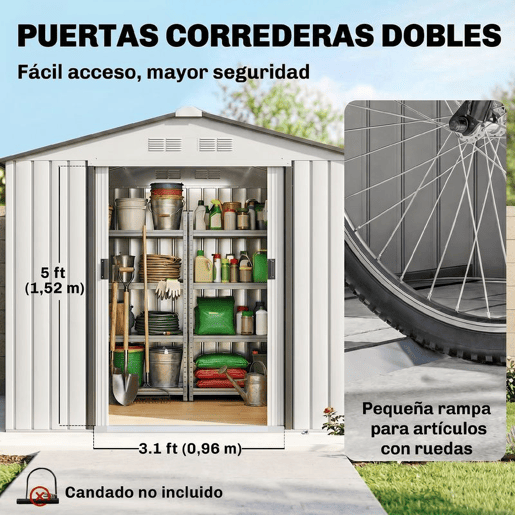 Outsunny Abrigo de Jardim 213x130x185cm Abrigo de Jardim Metálico de Exterior para Armazenamento de Ferramentas com 2 Portas Deslizantes e 4 Janelas para Terraço Branco e Cinza