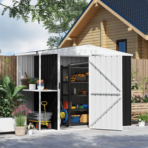 Outsunny Abrigo de Jardim 2,7m² 245x117x180 cm Abrigo de Exterior com Prateleira de 2 Níveis 4 Ventilações e Porta com Fechadura Abrigo para Terraço Pátio Cinzento Escuro