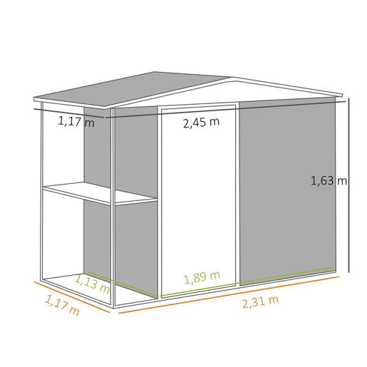 Outsunny Abrigo de Jardim 2,7m² 245x117x180 cm Abrigo de Exterior com Prateleira de 2 Níveis 4 Ventilações e Porta com Fechadura Abrigo para Terraço Pátio Cinzento Escuro