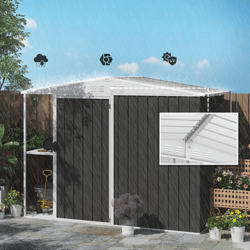 Outsunny Abrigo de Jardim 2,7m² 245x117x180 cm Abrigo de Exterior com Prateleira de 2 Níveis 4 Ventilações e Porta com Fechadura Abrigo para Terraço Pátio Cinzento Escuro