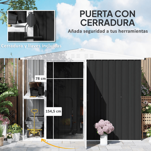 Outsunny Abrigo de Jardim 2,7m² 245x117x180 cm Abrigo de Exterior com Prateleira de 2 Níveis 4 Ventilações e Porta com Fechadura Abrigo para Terraço Pátio Cinzento Escuro