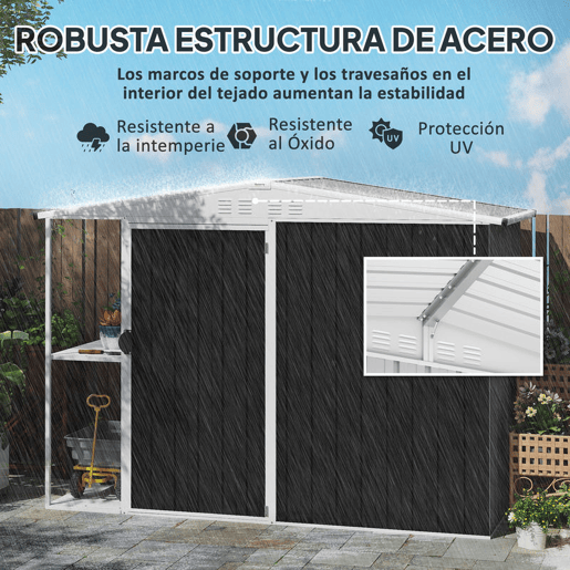 Outsunny Abrigo de Jardim 2,7m² 245x117x180 cm Abrigo de Exterior com Prateleira de 2 Níveis 4 Ventilações e Porta com Fechadura Abrigo para Terraço Pátio Cinzento Escuro