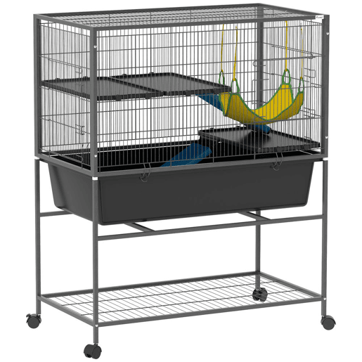 PawHut Gaiola para Animais Pequenos de 3 Níveis Gaiola para Coelhos com Rodas Rampas Rede e Bandeja Amovível Recinto para Roedores Chinchilas e Furões 88x48x102 cm Cinza Escuro