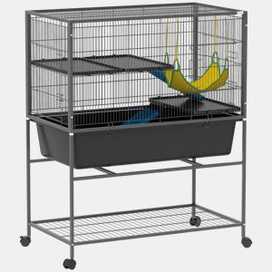 PawHut Gaiola para Animais Pequenos de 3 Níveis Gaiola para Coelhos com Rodas Rampas Rede e Bandeja Amovível Recinto para Roedores Chinchilas e Furões 88x48x102 cm Cinza Escuro