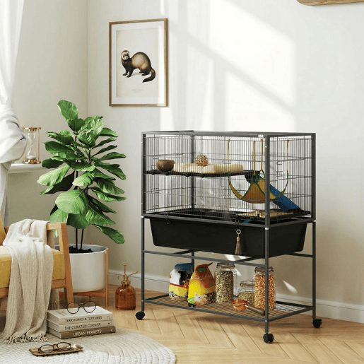 PawHut Gaiola para Animais Pequenos de 3 Níveis Gaiola para Coelhos com Rodas Rampas Rede e Bandeja Amovível Recinto para Roedores Chinchilas e Furões 88x48x102 cm Cinza Escuro