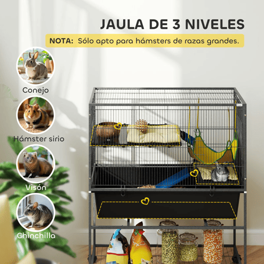 PawHut Gaiola para Animais Pequenos de 3 Níveis Gaiola para Coelhos com Rodas Rampas Rede e Bandeja Amovível Recinto para Roedores Chinchilas e Furões 88x48x102 cm Cinza Escuro