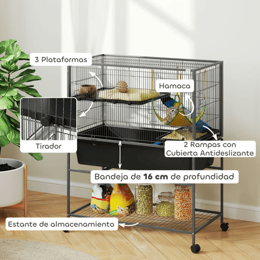 PawHut Gaiola para Animais Pequenos de 3 Níveis Gaiola para Coelhos com Rodas Rampas Rede e Bandeja Amovível Recinto para Roedores Chinchilas e Furões 88x48x102 cm Cinza Escuro