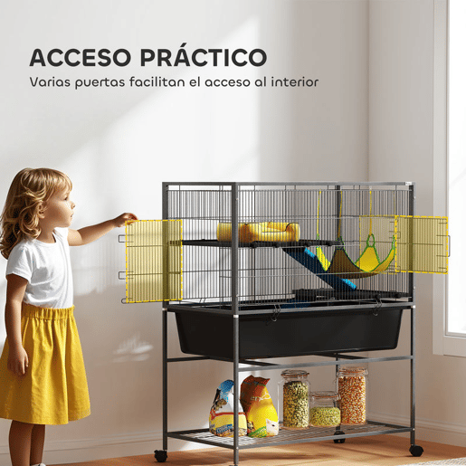 PawHut Gaiola para Animais Pequenos de 3 Níveis Gaiola para Coelhos com Rodas Rampas Rede e Bandeja Amovível Recinto para Roedores Chinchilas e Furões 88x48x102 cm Cinza Escuro