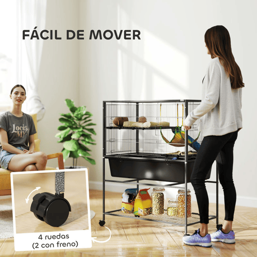 PawHut Gaiola para Animais Pequenos de 3 Níveis Gaiola para Coelhos com Rodas Rampas Rede e Bandeja Amovível Recinto para Roedores Chinchilas e Furões 88x48x102 cm Cinza Escuro